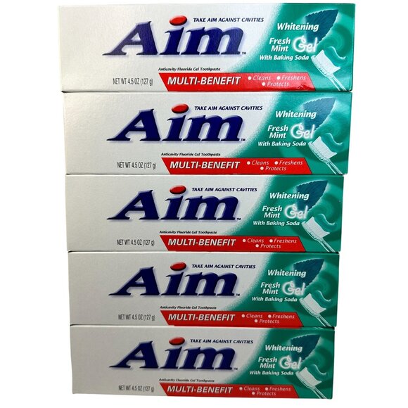 Aim Multi-Benefit Gel Toothpaste 4.5 Oz 5‎ Pack Whitening Fresh Mint Made in USA - Picture 1 of 13